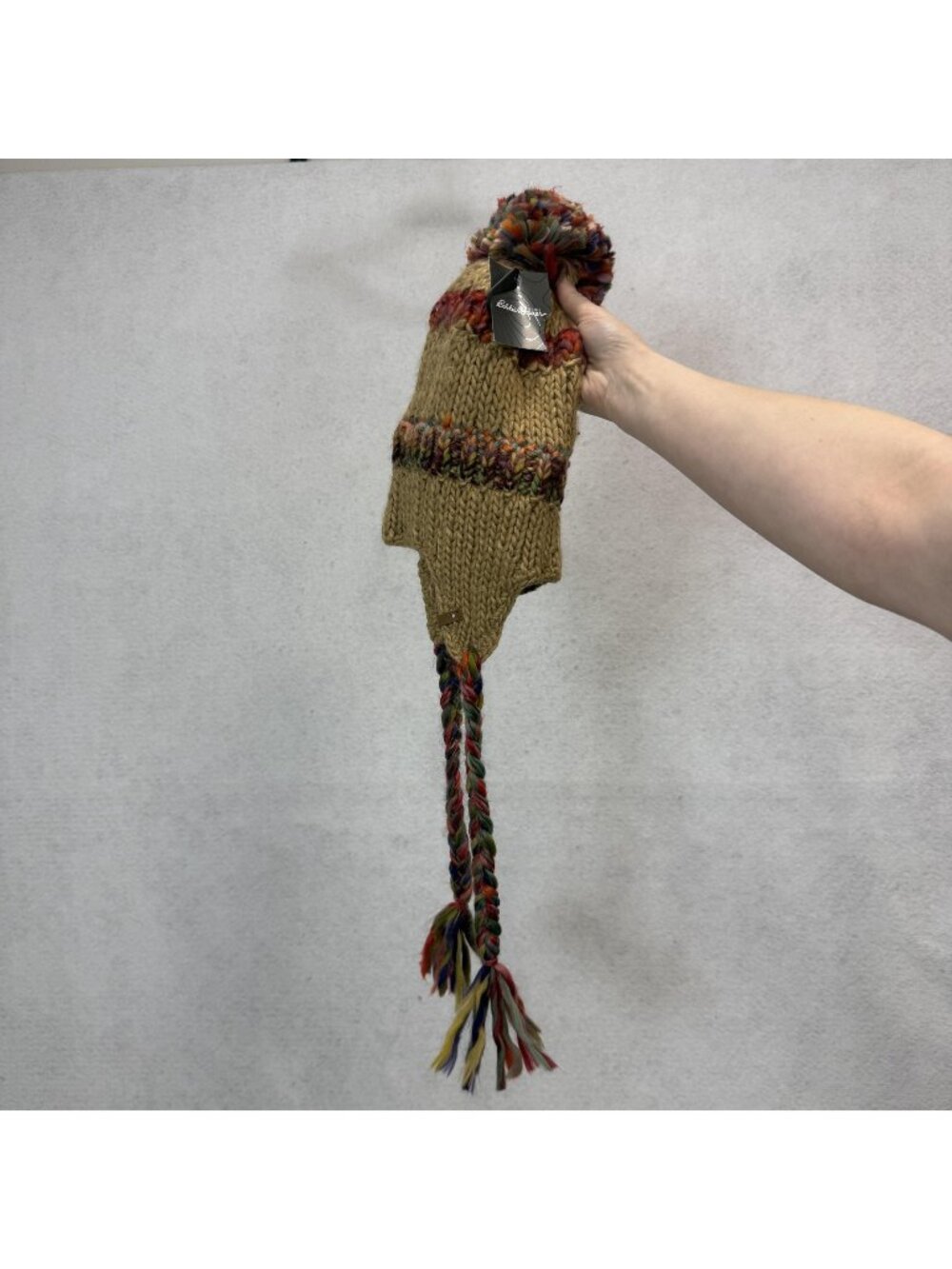 Eddie Bauer Hat Beanie Fitted Womens One Size Brown Trapper Earflap Pom Tassel